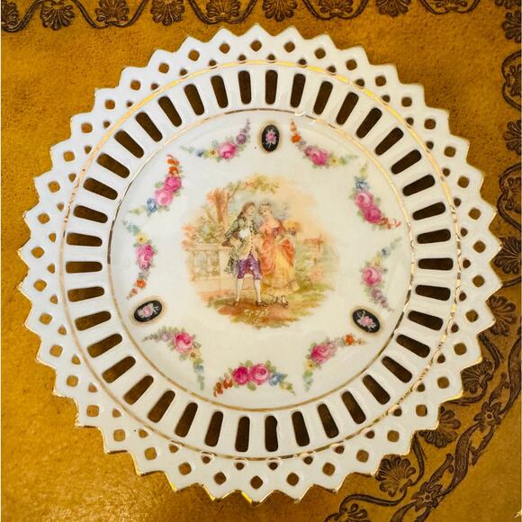 VTG German Romantic Victorian Floral Gold Trim Flower Reticulated Plate & Bowl - Picture 2 of 5